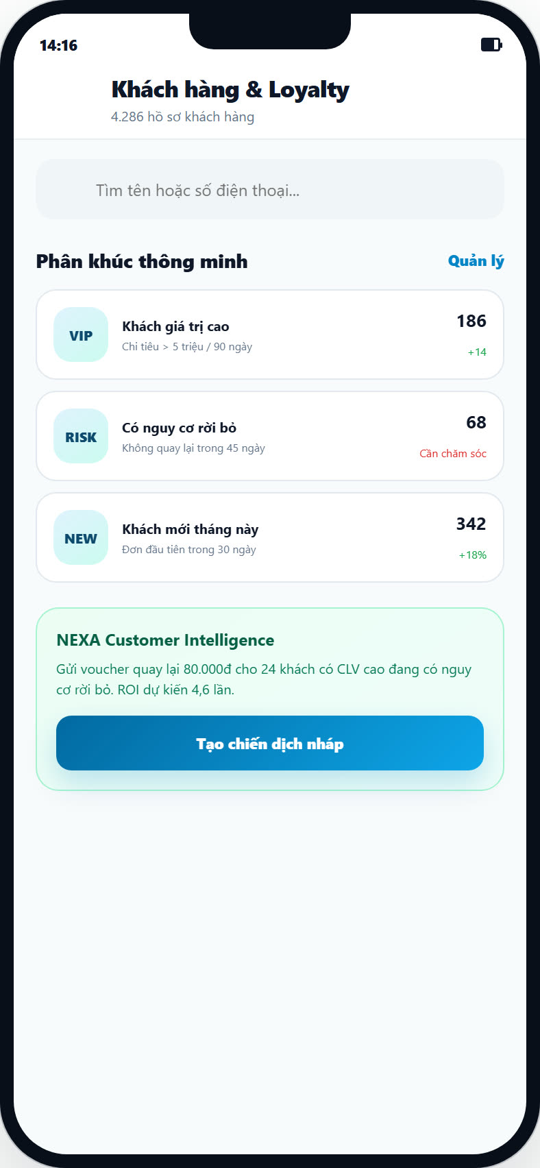 Màn hình CRM và Loyalty trong NexaPOS: danh sách khách hàng, phân hạng và tích điểm